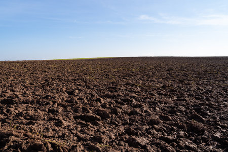 Plowed agricultural hill on a sunny day with blue sky in springの写真素材