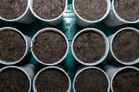 Wet plastic cups with soil and vegetable seeding in springの写真素材