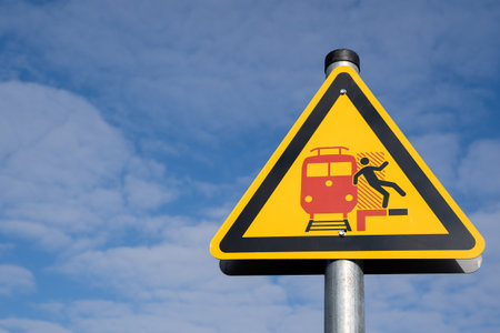 Yellow triangular warning sign for passengers on a German platform meaning beware of incoming and passing trainsの写真素材