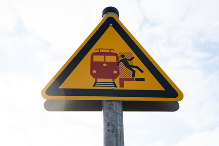 Triangular yellow warning sign on the platform meaning beware of incoming and passing trainsの写真素材