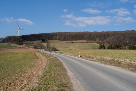 Road in the landscape with agricultural fields, trees and a blue sunny sky in springの写真素材