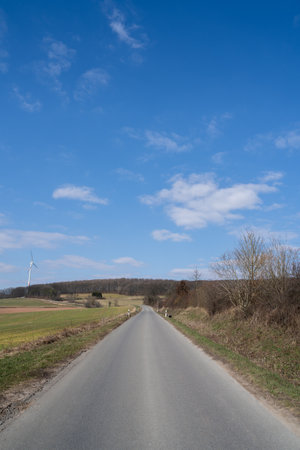 Road in the countryside with agricultural fields, trees and a blue sunny sky in springの写真素材