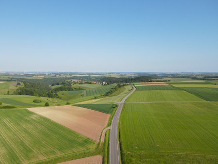 View from above of a landscape with green crop fields, an asphalt road in the middle and a blue sunny skyの写真素材