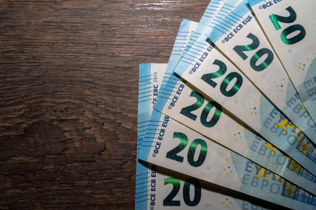 20 euro cash money on wooden backgroundの写真素材