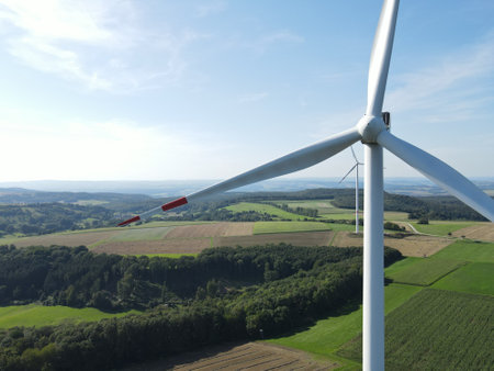Close up of wind turbines in the landscapeの写真素材