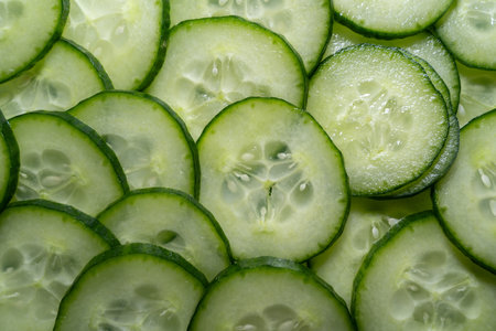 Background with many cucumber slicesの写真素材