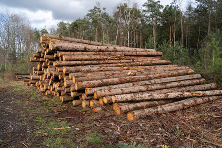 Stacked logs at the edge of the forestの写真素材