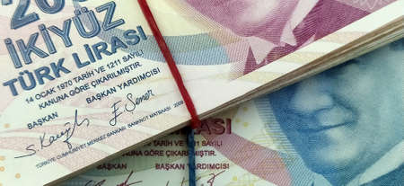 Turkish lira isolated on white background. Turkish lira. Two Hundred Turkish Lira. Economy and...