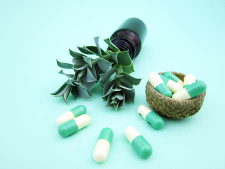 Herbal capsule from herbs nature, good health, vitamin, mineral supplement pills for medicine disease on wooden medical background with copy space, medicine and medicineの写真素材