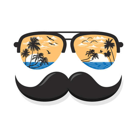 Sunglasses and mustache, with a spectacular view of the beach.のイラスト素材