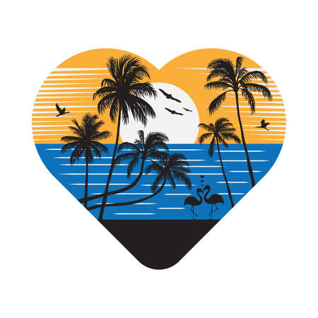 Summer loving on the beach with couple of flamingos in love. Hello summer concept, beautiful seashore landscape.のイラスト素材