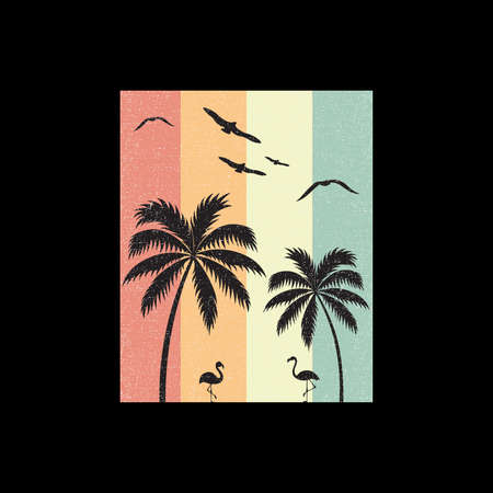Flamingo walks on the beach looking for food, with a beautiful view of the ocean. Editable, vector illustration.のイラスト素材