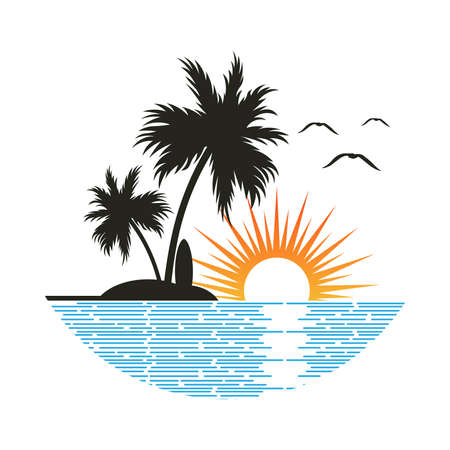 Warm atmosphere on beach with a view of sunset on the western horizon. It's summer vacation time. Editable, vector illustration.のイラスト素材