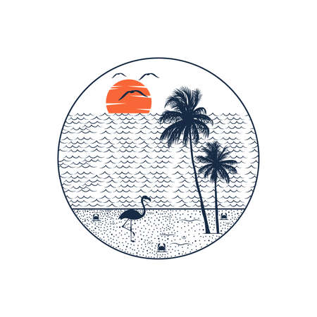 Summer sunset panorama on the beach with birds, crabs, coconut tree and flamingo. Editable, vector illustration.のイラスト素材