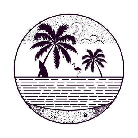 Flamingo walks on the beach looking for food, with a beautiful view of the ocean. Editable, vector illustration.のイラスト素材