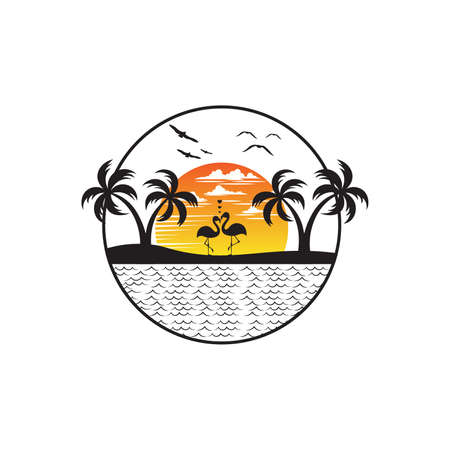 Flamingo couple in love on the beach with a stunning sunset view. Editable, vector illustration.のイラスト素材