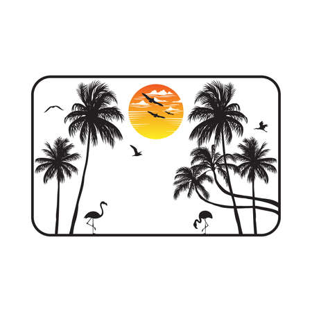 Flamingo walks on the beach looking for food, with a beautiful view of the ocean. Editable, vector illustration.のイラスト素材