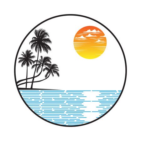 Warm atmosphere on beach with a view of sunset on the western horizon. It's summer vacation time. Editable, vector illustration.のイラスト素材