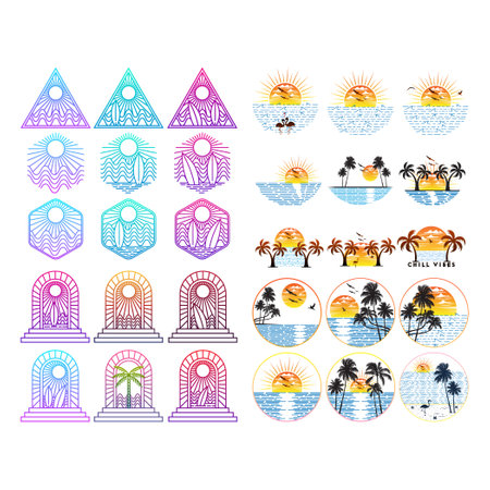 Summer theme mega collection artwork design. Summer time and surfing landscape. All in one, editable, vector illustration.のイラスト素材