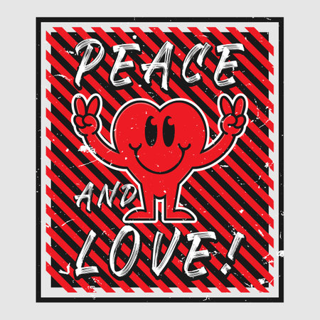 Heart emoji cartoon with peace and love phrase. Grunge texture style poster, positive quotes, typography design vector.のイラスト素材