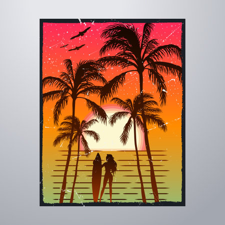 Summer Time On The Beach Poster With Grunge Textures Artwork. Editable, resizable, vector illustrationのイラスト素材