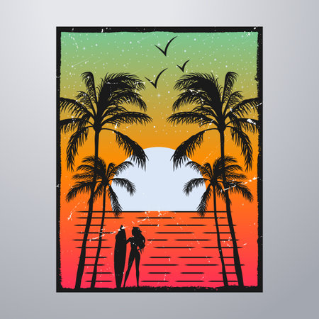Summer Time On The Beach Poster With Grunge Textures Artwork. Editable, resizable, vector illustrationのイラスト素材