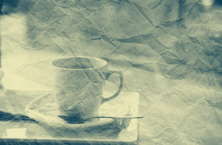 a photo of black coffee in white mug on table with textureの写真素材
