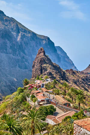 Masca the village the gorge in Teno Mountains on Tenerife the Canary Island Spain. Landscape and nature photography of the gorge and the village Masca in the Teno Mountainsの写真素材