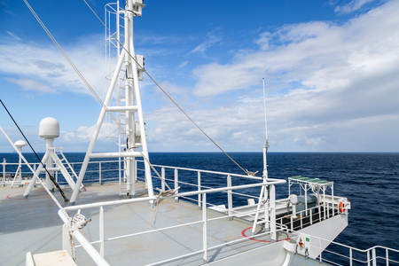 Sattelite communication antenna and radar mast of the ship.の写真素材
