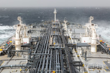 Oil tanker deck with pipeline for oil transfer.の写真素材