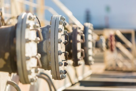 Cargo manifolds valves of an oil product tanker.の写真素材