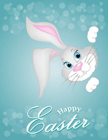 Grey Easter bunny looking out of a blue backgroundのイラスト素材