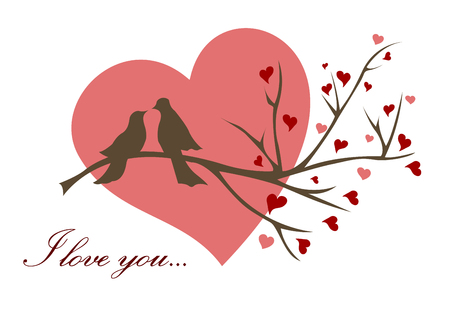 Birds couple sitting on the branch of tree. Valentines Day.のイラスト素材