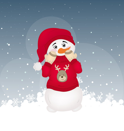 hiding snowman in a red printed pulloverのイラスト素材