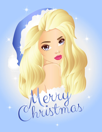 Christmas blonde girl wearing blue Santa hatのイラスト素材
