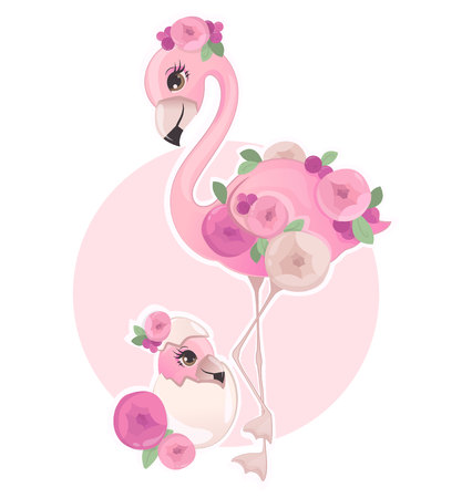 Pink flamingo with its baby with floral elements vector illustrationのイラスト素材