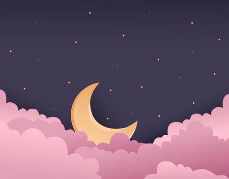 vector illustration of night purple sky with pink clouds and gold moonのイラスト素材