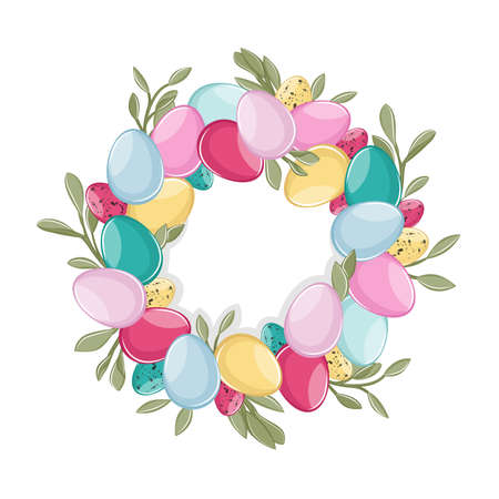 Colorful Easter eggs wreath with leaves aroundのイラスト素材