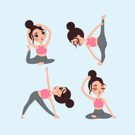 cute cartoon brunette girl doing yoga on blue backgroundのイラスト素材