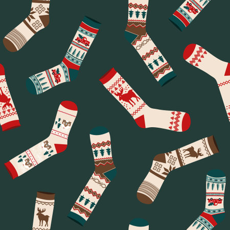 Christmas socks set pattern on green backgroundのイラスト素材