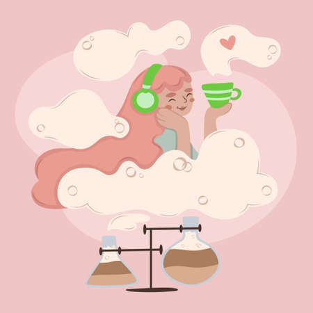 girl with pink hair drinking coffee on cloudsのイラスト素材