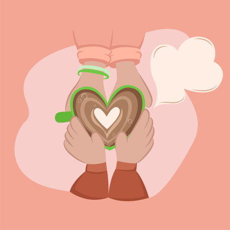 Drinking coffee with loved one. Coffee break at cafe. People holding mug with coffee in shape of heartのイラスト素材