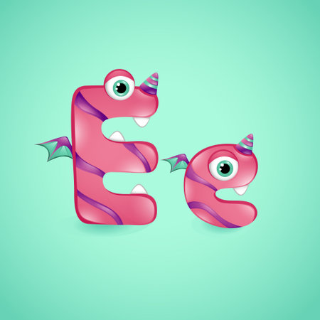 Monster alphabet letter E on blue background. Colourful ABC of cute monstersのイラスト素材