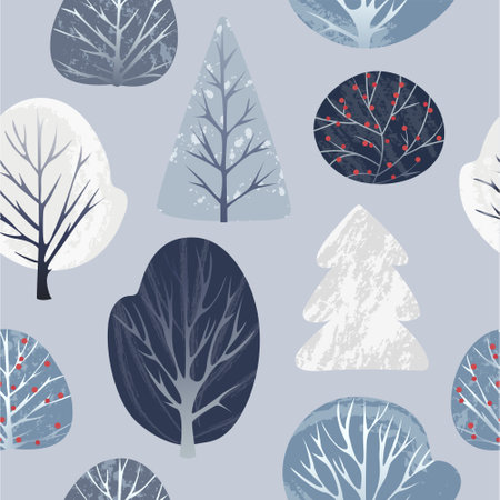 pattern of snowy winter trees in blue colourのイラスト素材