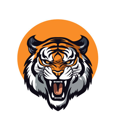 Angry Tiger Head Mascot Logo in orange palette. Vector Illustration Design Concept.のイラスト素材