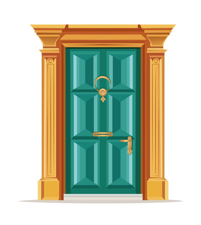 cartoon elegant vintage front door in gold frame, turquoise colourのイラスト素材
