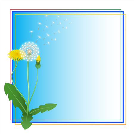 Dandelion Taraxacum Blowball Flower Blue Frame. Blue Vector Background. Place for Text.  Can Used for  Greeting Card, Postkard, Thank You Card,  Invitation, Decorative Backdrop, Floral Illustration.のイラスト素材