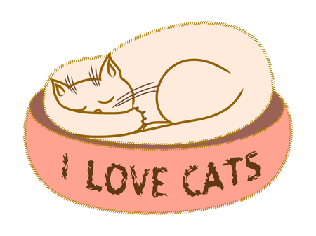 White cat sleeping alone on his place. I love cats text. T-shirt design. Vector illustration. Child book picture. Applique clothes cat designのイラスト素材