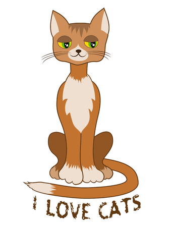 Ginger cat sitting alone on white background. I love cats text. T-shirt design. Vector illustration. Child book picture. Applique clothes cat designのイラスト素材