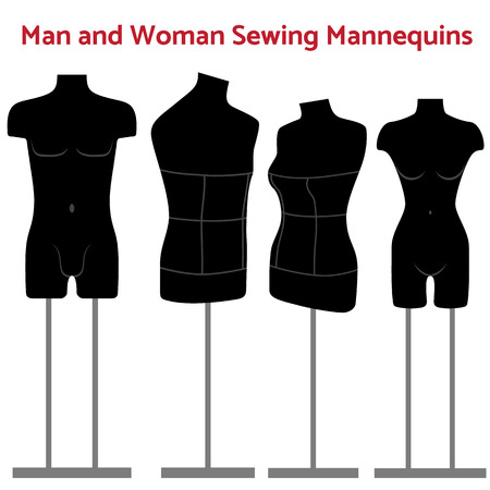 Man and women realistic sewing mannequin of black color in one or two rack. Tailors mannequins illustrationのイラスト素材